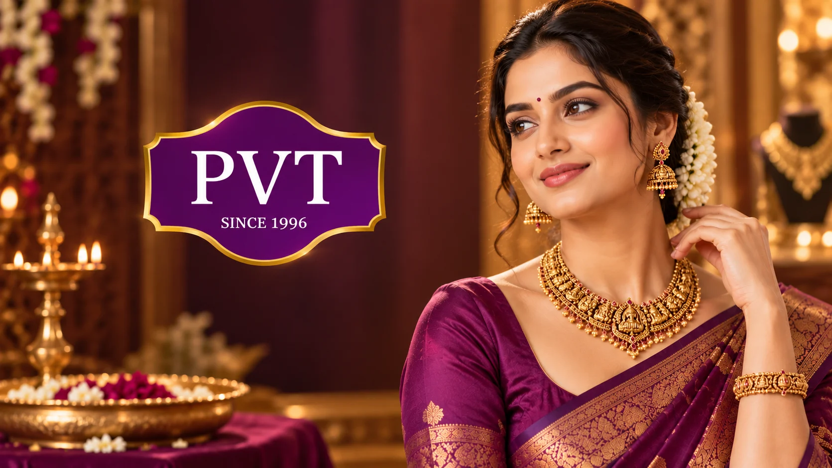 Smiling woman in a purple silk saree wearing traditional gold necklace and jhumka earrings, with the PVT – Since 1996 logo